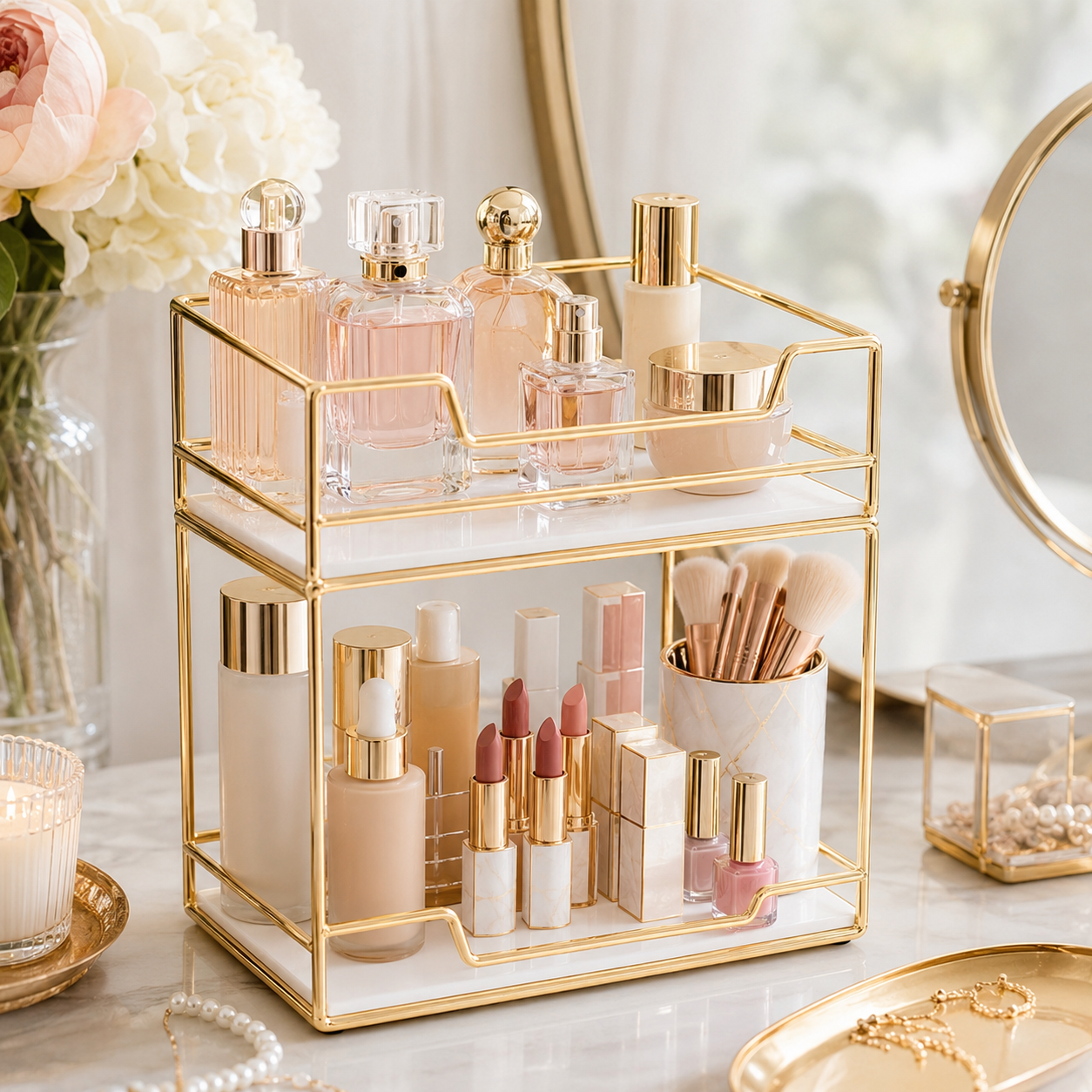 Luxury 2 Tier Gold Cosmetic Organizer Tray