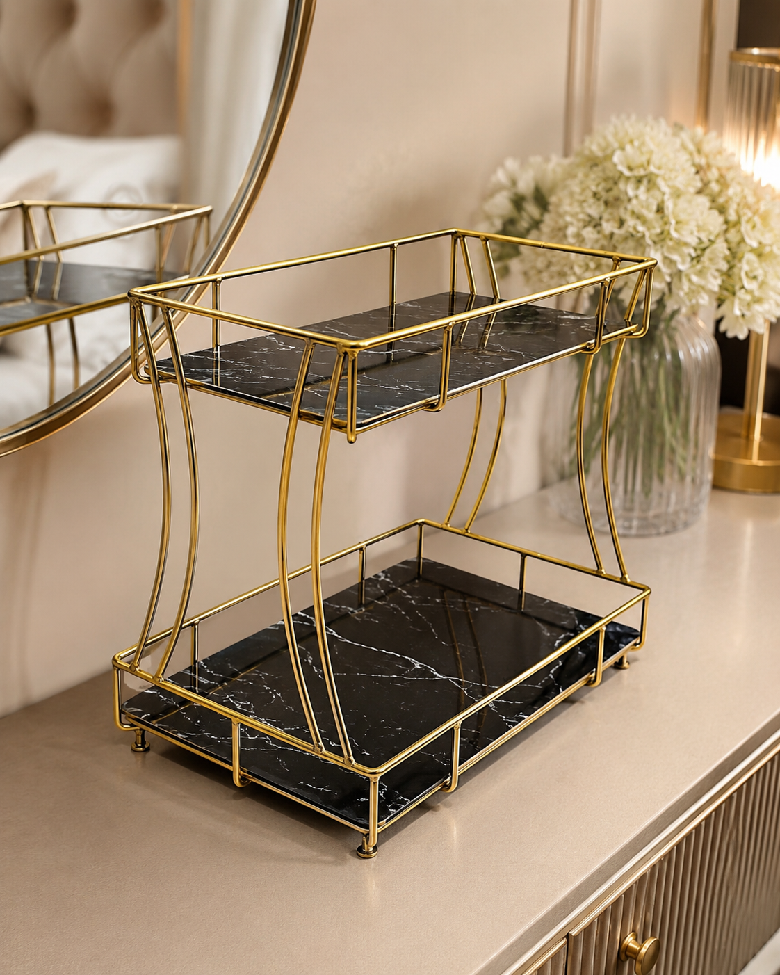Luxury 2-Tier Marble Cosmetic Organizer Stand – Gold Frame Vanity Shelf