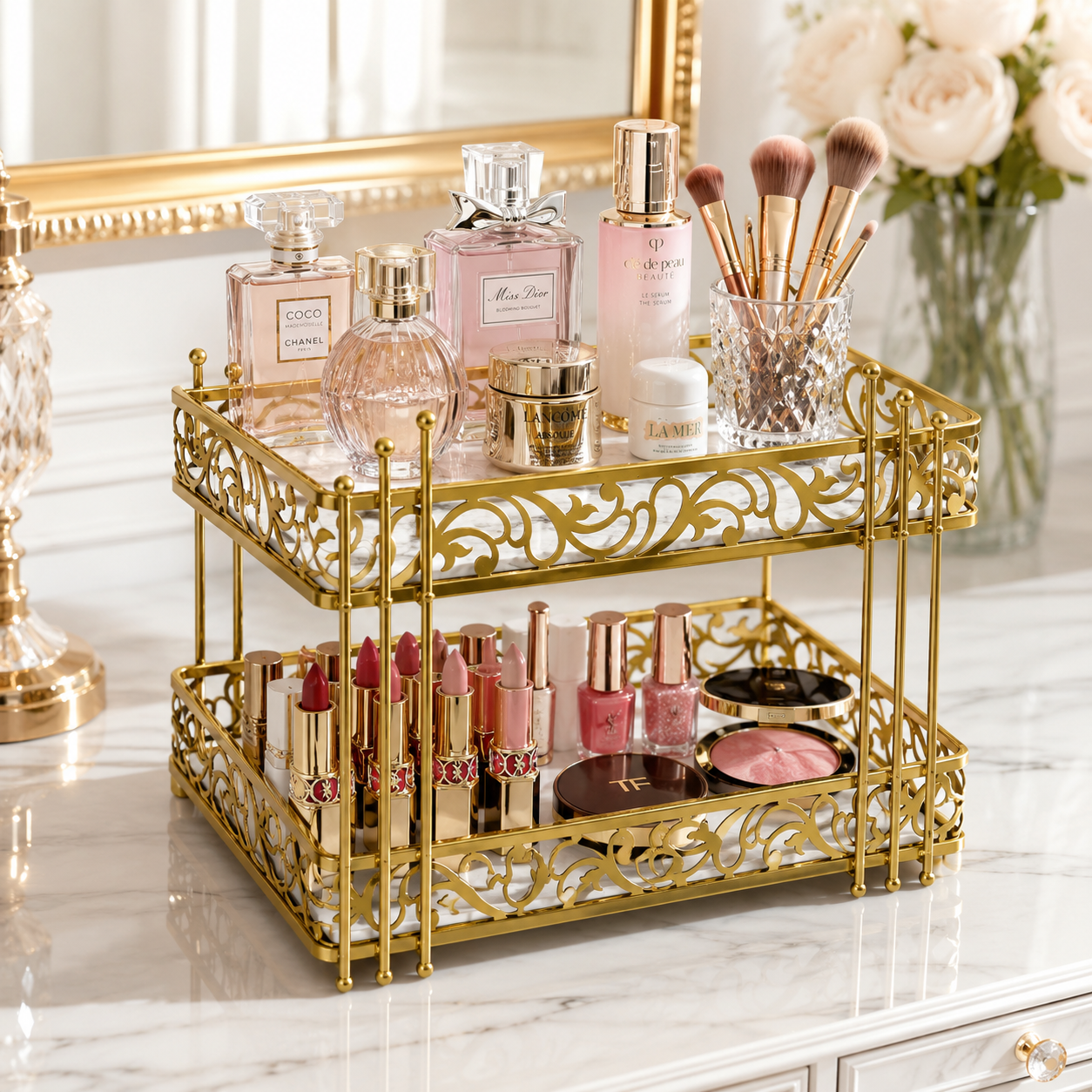 Luxury 2-Tier Gold Cosmetic Organizer Tray – White & Black Marble Design