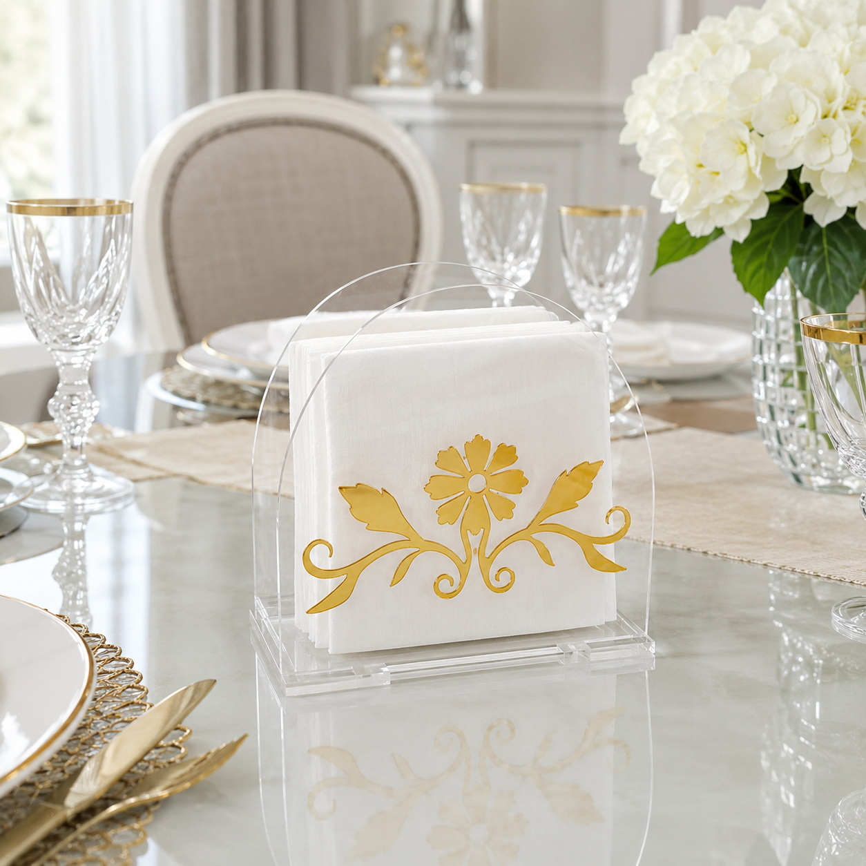 Luxury Golden Floral Acrylic Tissue Organizer