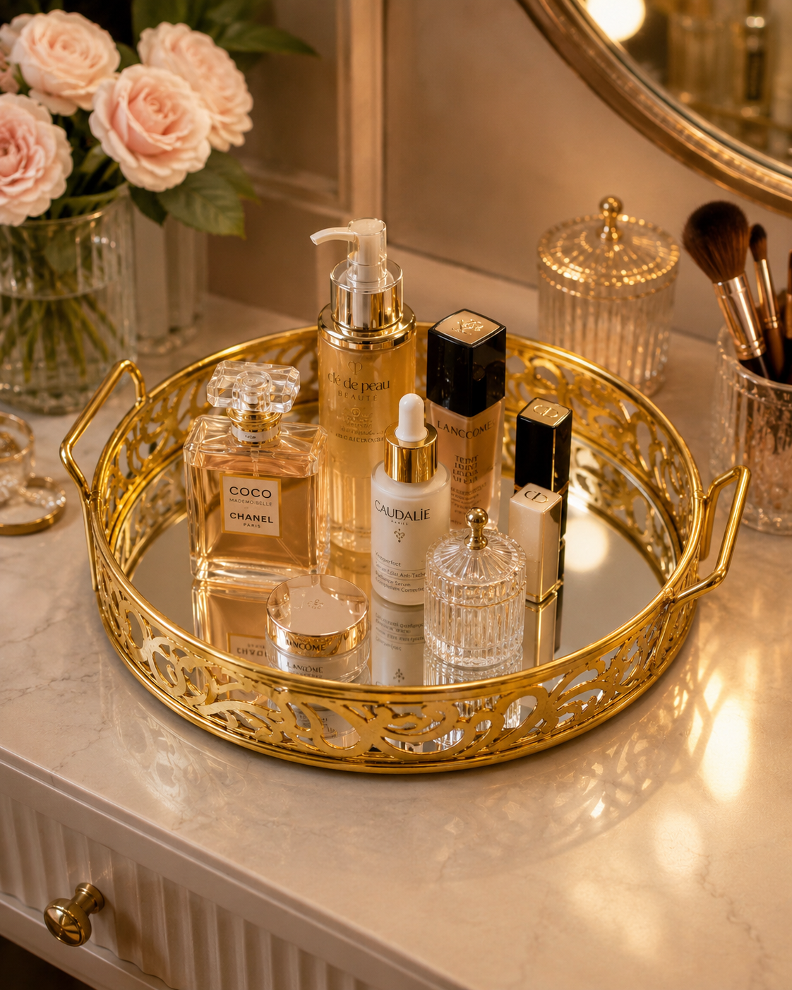 Luxury Golden Round Mirror Tray with Handles