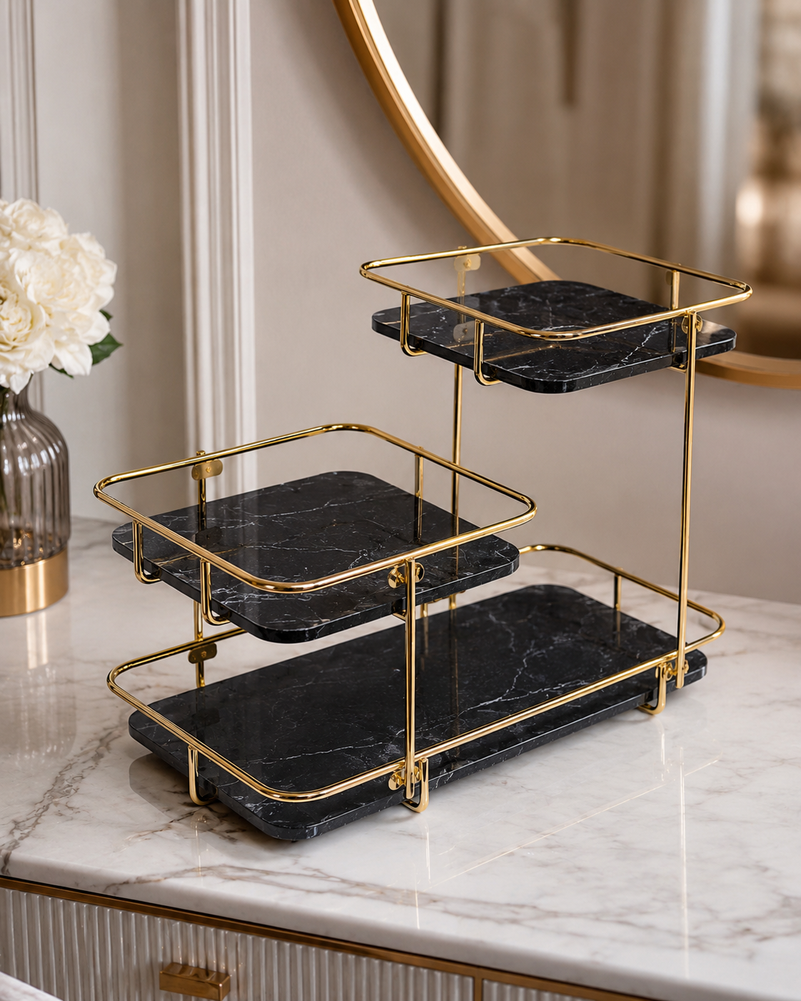 Luxury 3-Tier Marble Cosmetic Organizer Stand – Gold Frame Vanity Shelf