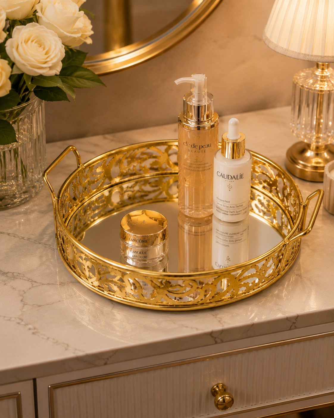 Luxury Golden Round Mirror Tray with Handles