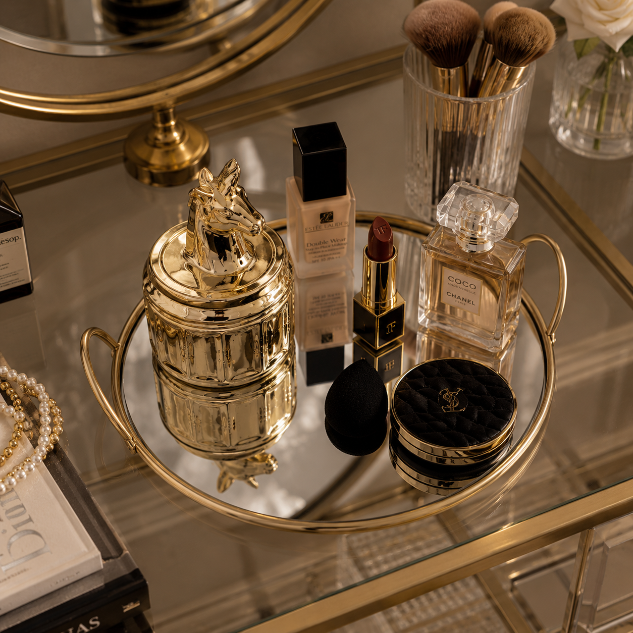 Single Makeup Organizer Round Mirror Tray – Elegant Vanity Storage Display