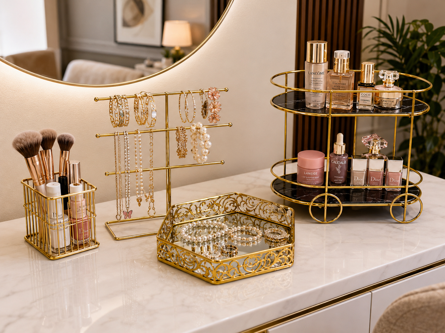 Deal No 4-Luxury Gold Vanity Organizer - 4 Pcs Makeup & Jewelry Storage Set