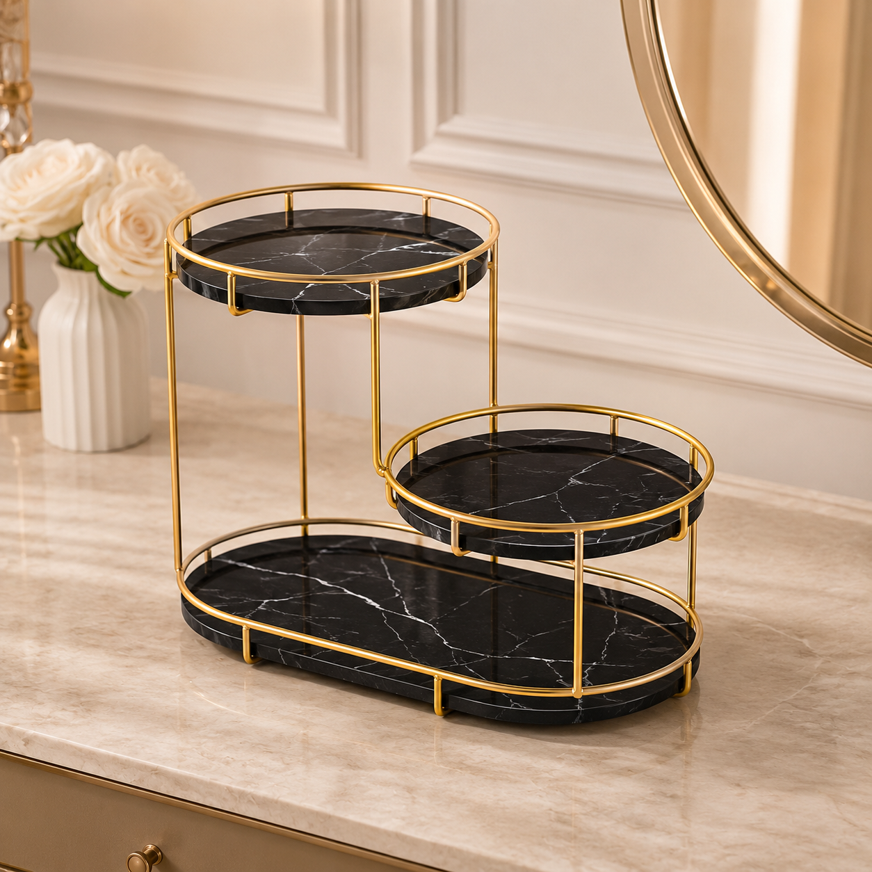 Luxury 3-Tier Gold Cosmetic Organizer Tray – Marble Makeup & Perfume Display Stand