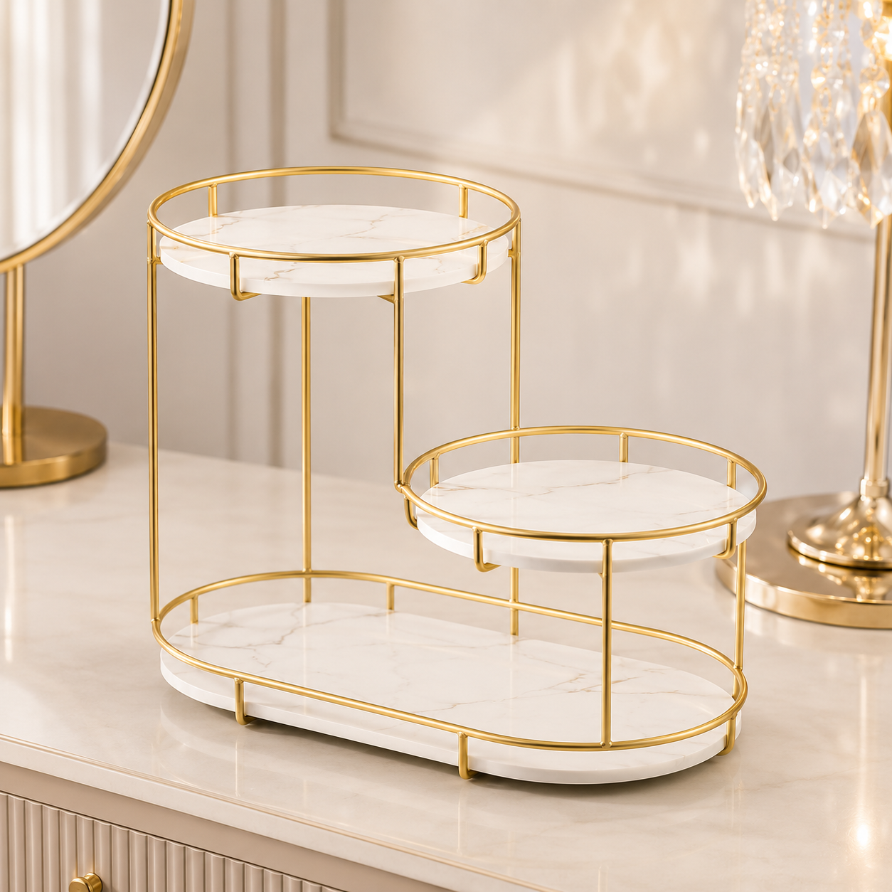 Luxury 3-Tier Gold Cosmetic Organizer Tray – Marble Makeup & Perfume Display Stand