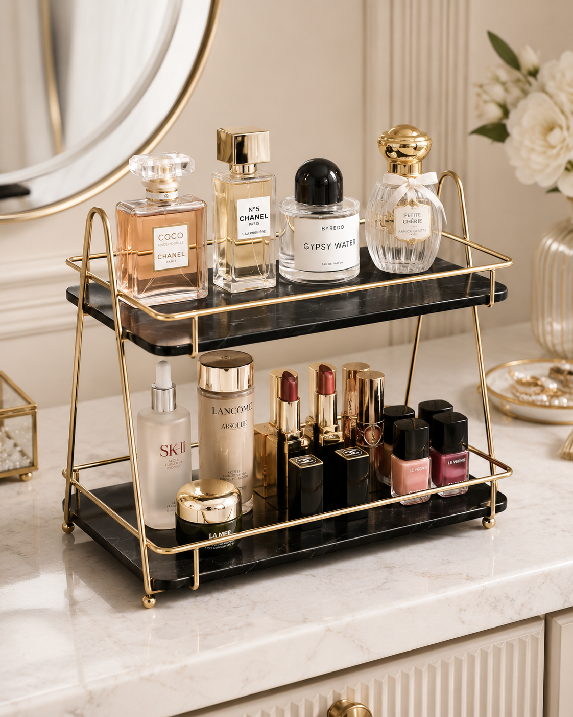 Luxury 2-Tier Cosmetic Organizer Stand – Gold Frame Vanity Tray