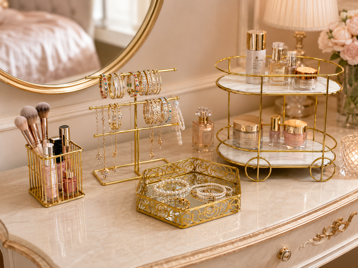 Deal No 4-Luxury Gold Vanity Organizer - 4 Pcs Makeup & Jewelry Storage Set