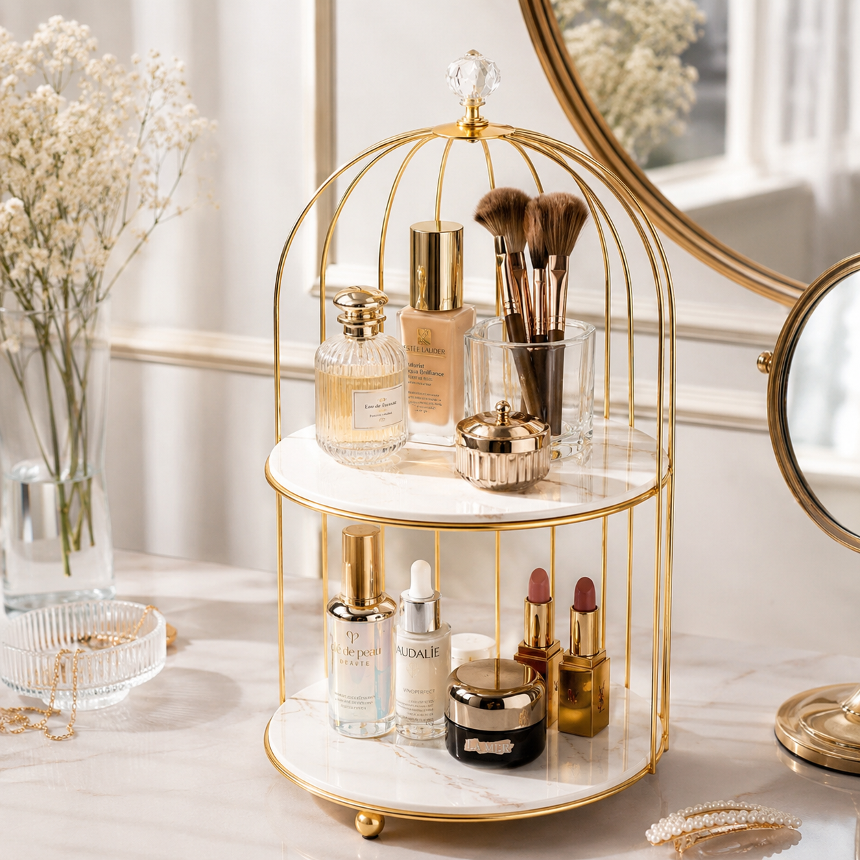2 Layers Cosmetics Cage Organizer – Elegant Vanity & Makeup Storage Rack