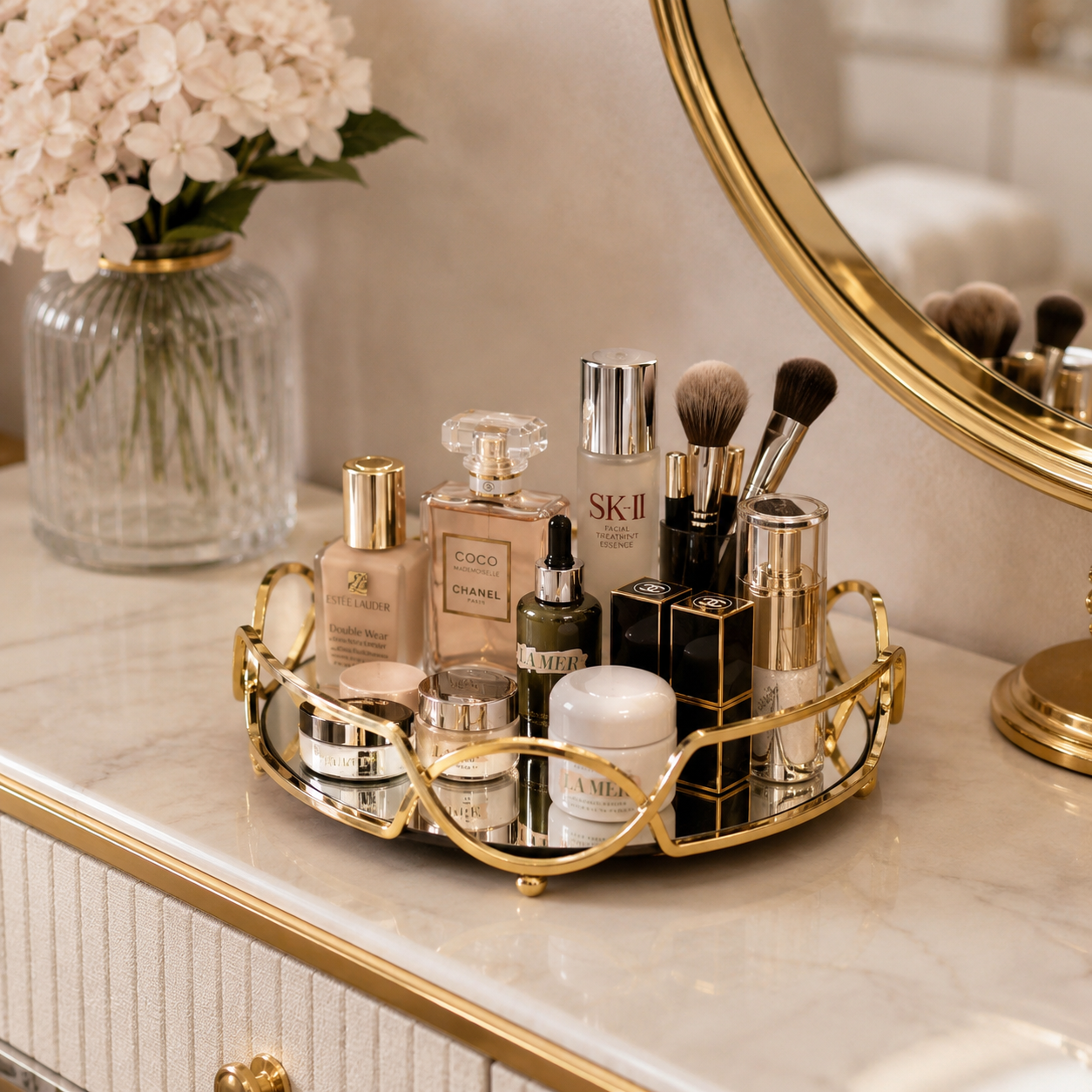 Round Shape Metal & Glass Cosmetics Storage Tray – Elegant Vanity Organizer