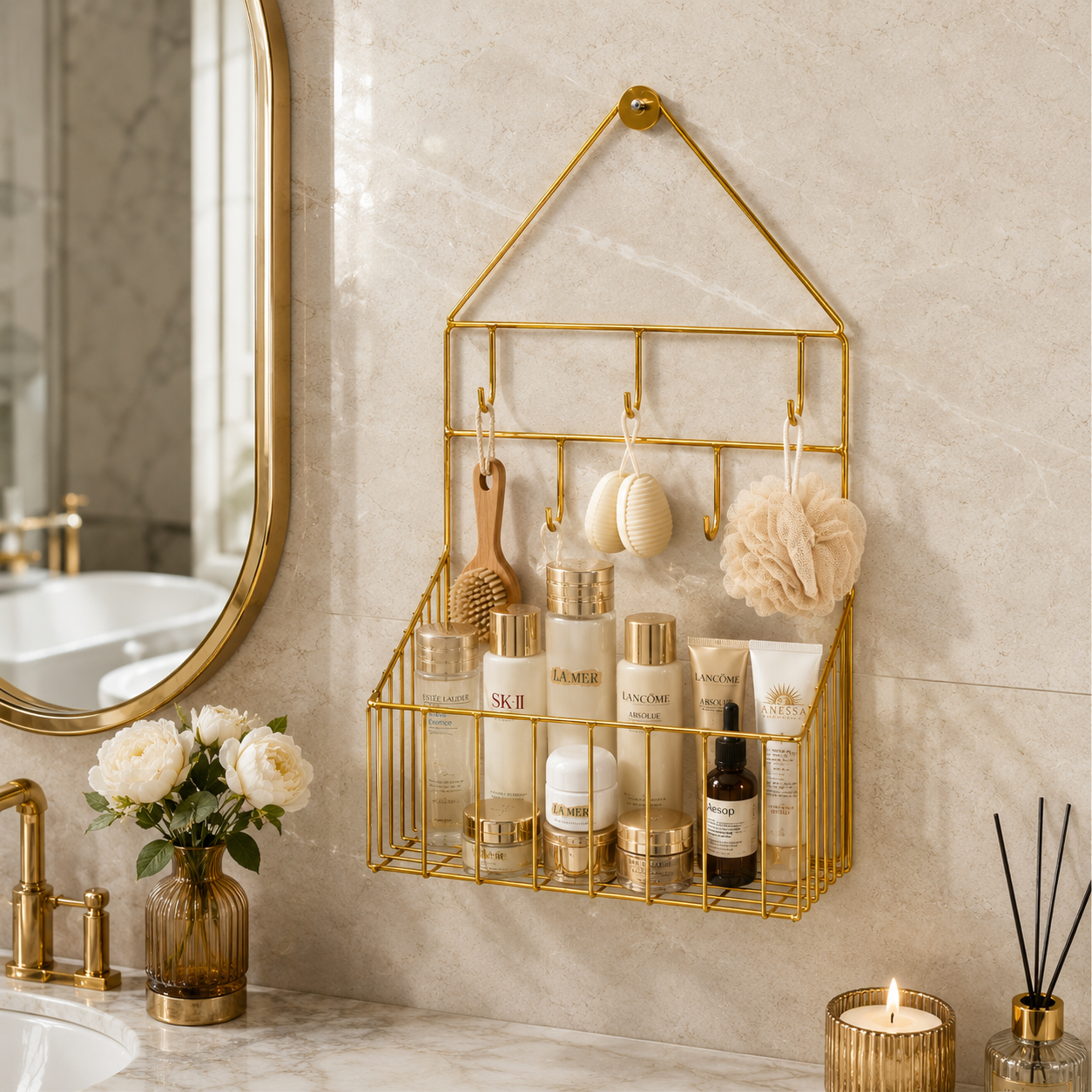Luxury Golden Wall-Mounted Bathroom Organizer with Hooks