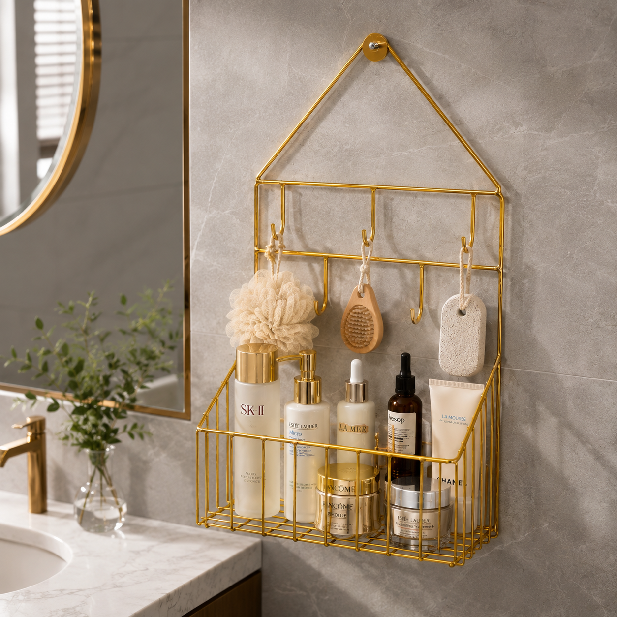 Luxury Golden Wall-Mounted Bathroom Organizer with Hooks