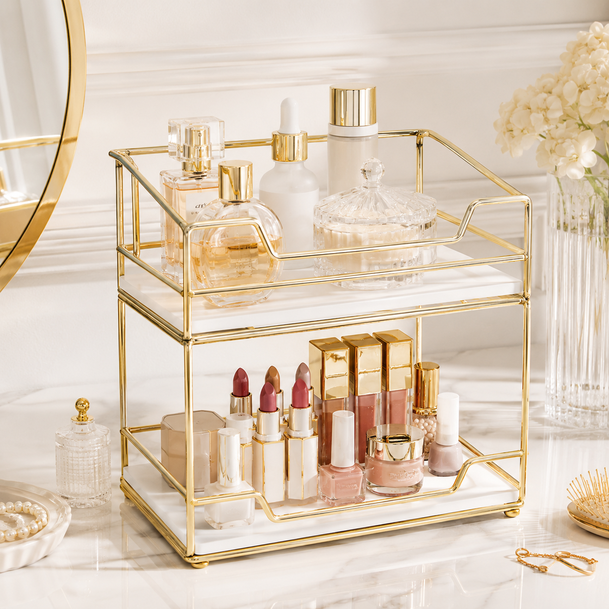 Luxury 2 Tier Gold Cosmetic Organizer Tray