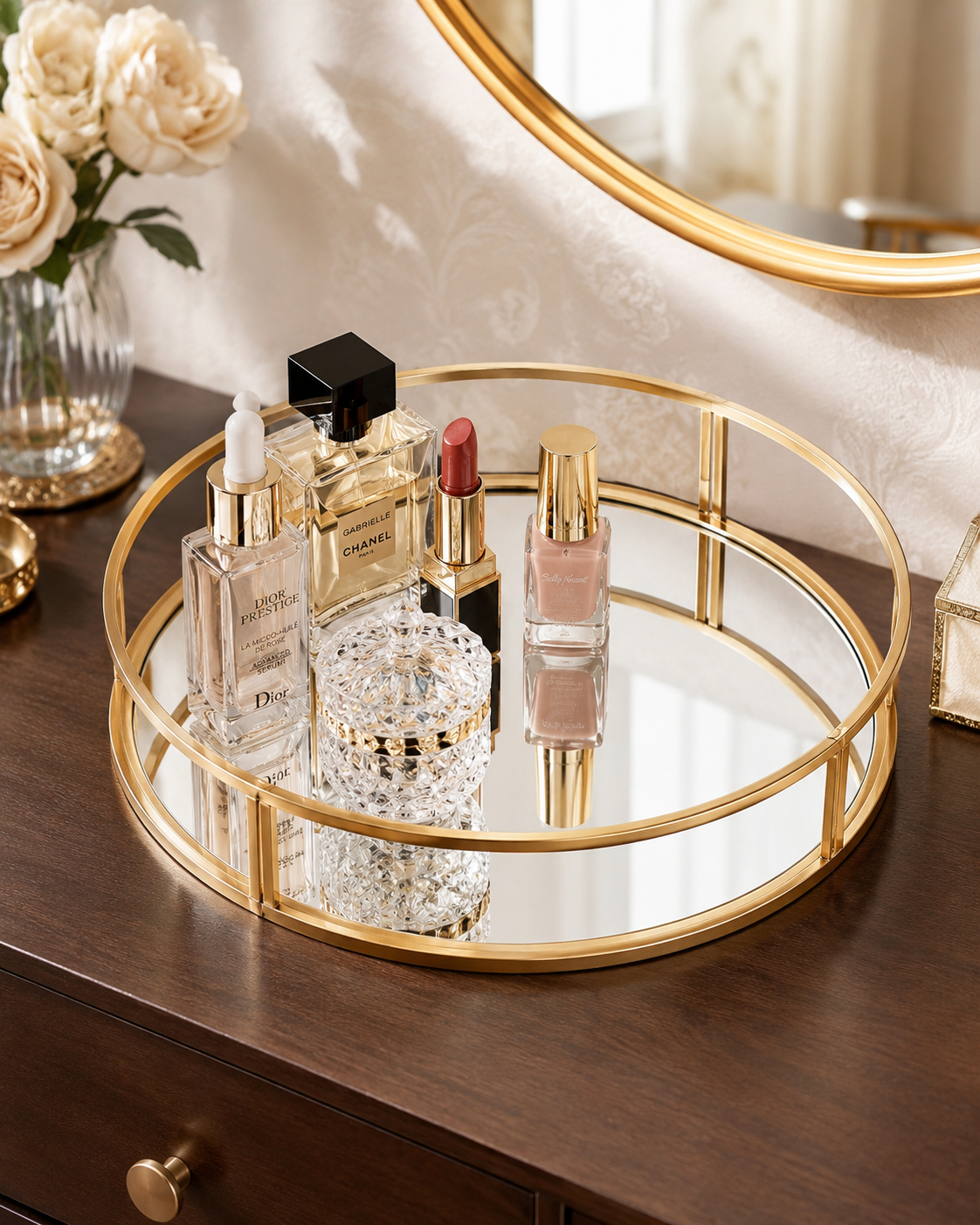 Luxury Gold Round Mirror Tray – Cosmetic & Perfume Organizer