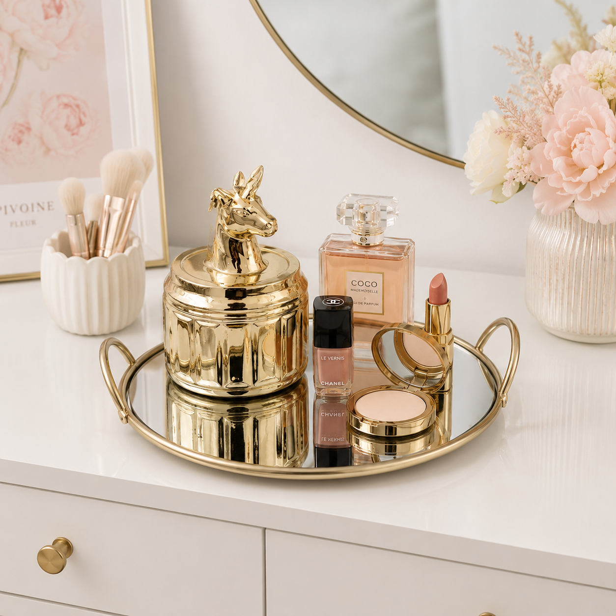 Single Makeup Organizer Round Mirror Tray – Elegant Vanity Storage Display