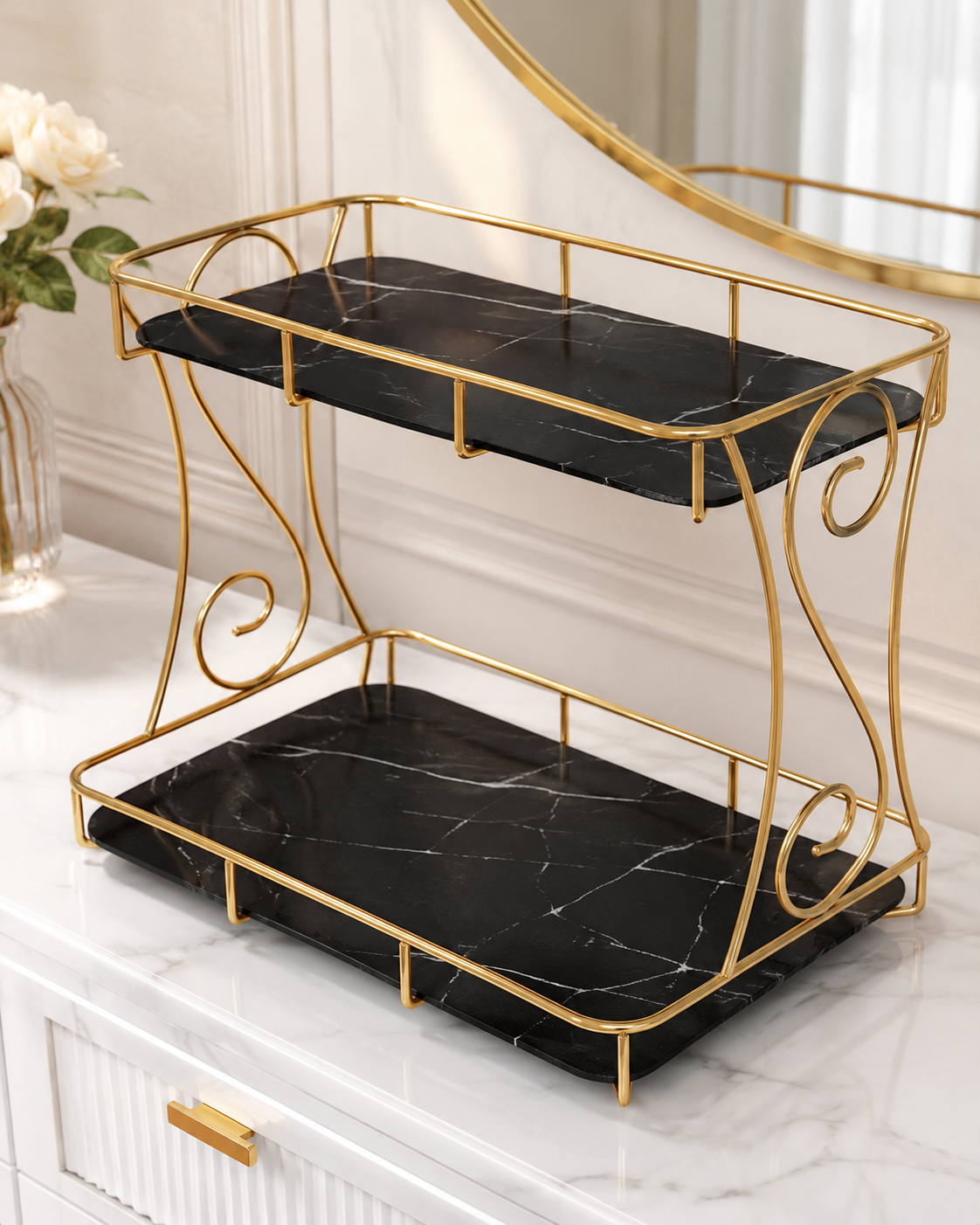 Luxury 2-Tier Marble Cosmetic Organizer Stand – Gold Frame Vanity Shelf