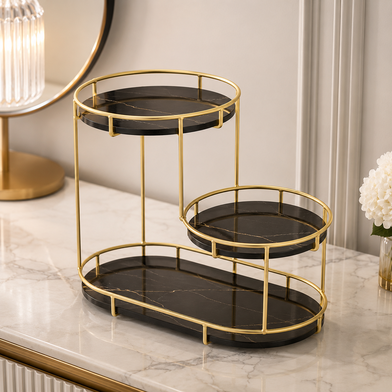 Luxury 3-Tier Gold Cosmetic Organizer Tray – Marble Makeup & Perfume Display Stand