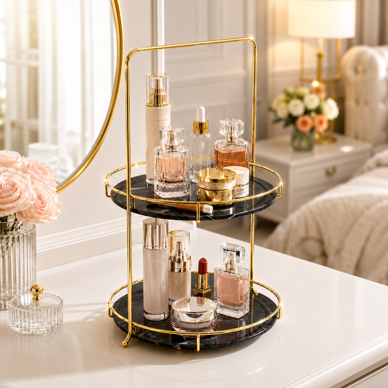 Luxury 2 Tier Black Marble Cosmetic Organizer Tray with Golden Stand