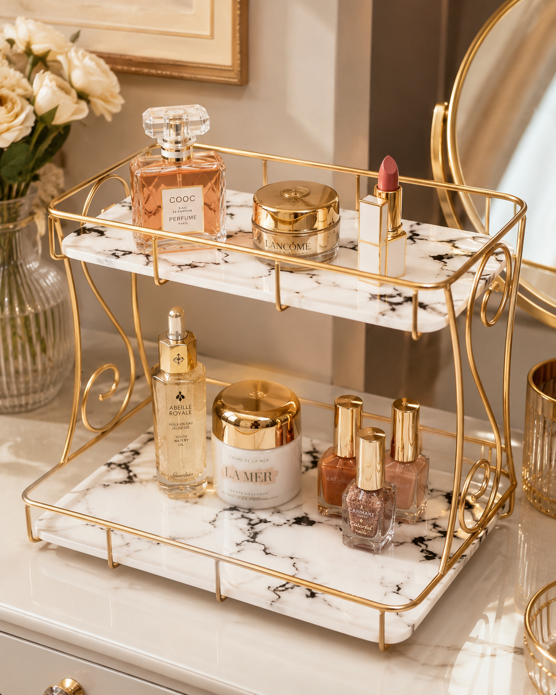 Luxury 2-Tier Marble Cosmetic Organizer Stand – Gold Frame Vanity Shelf
