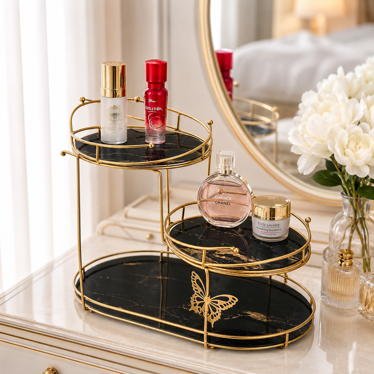 Luxury 3-Tier Golden Cosmetic & Makeup Organizer with Butterfly Design