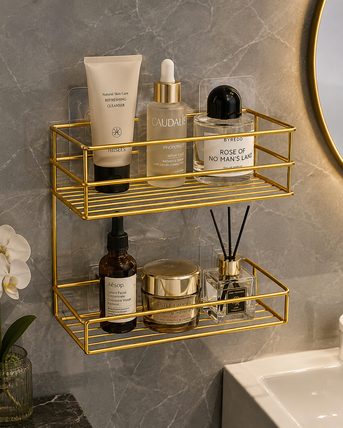 Luxury Gold Wall Mounted 2-Tier Bathroom & Cosmetic Organizer Rack