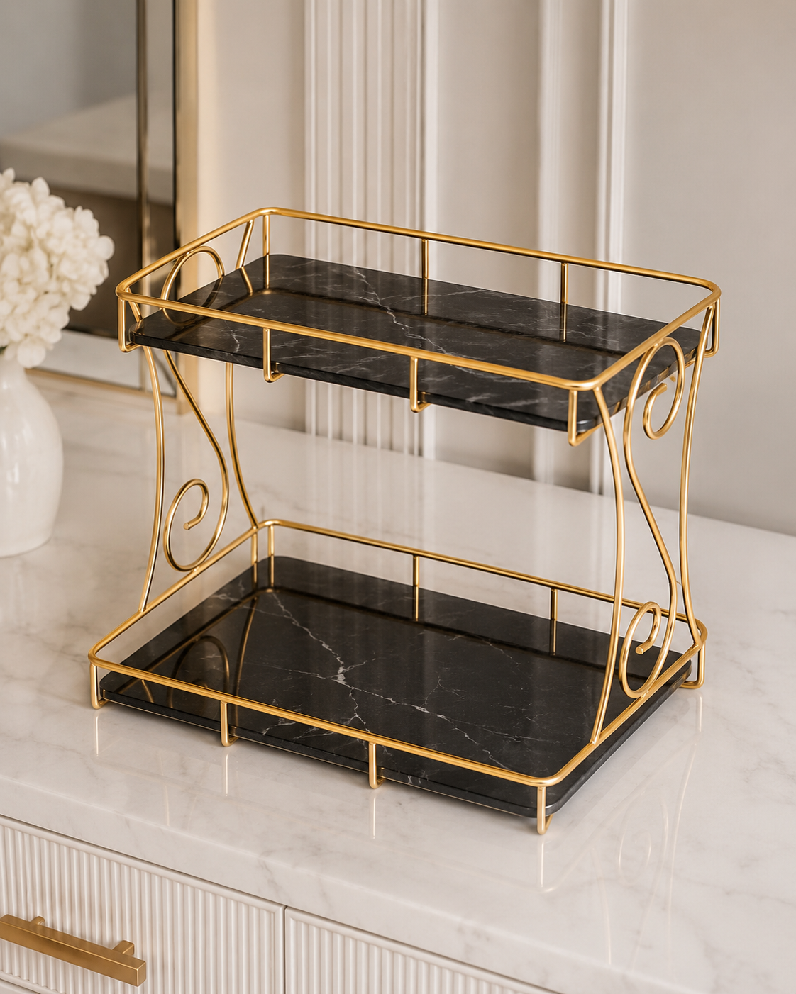 Luxury 2-Tier Marble Cosmetic Organizer Stand – Gold Frame Vanity Shelf