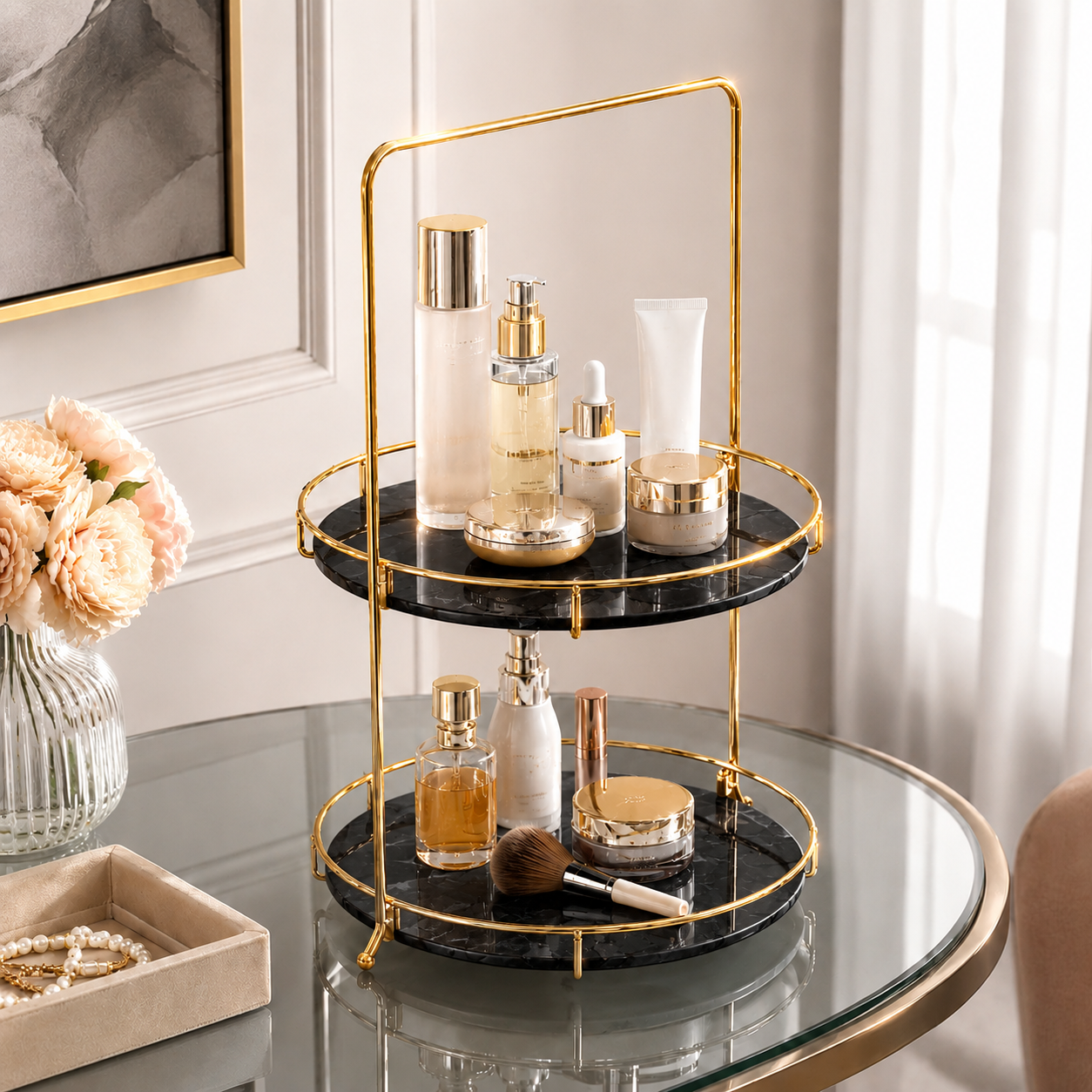 Luxury 2 Tier Black Marble Cosmetic Organizer Tray with Golden Stand