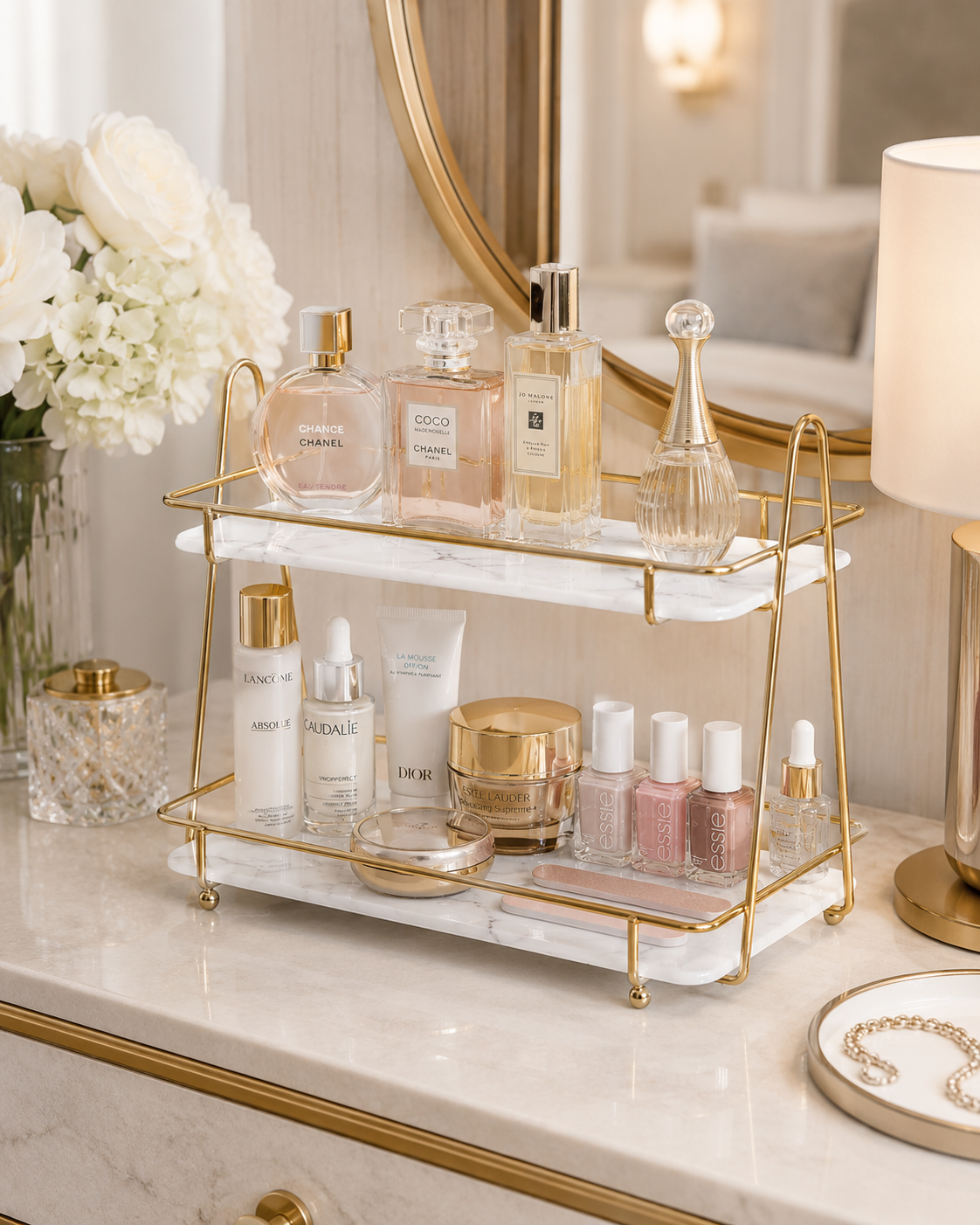 Luxury 2-Tier Cosmetic Organizer Stand – Gold Frame Vanity Tray