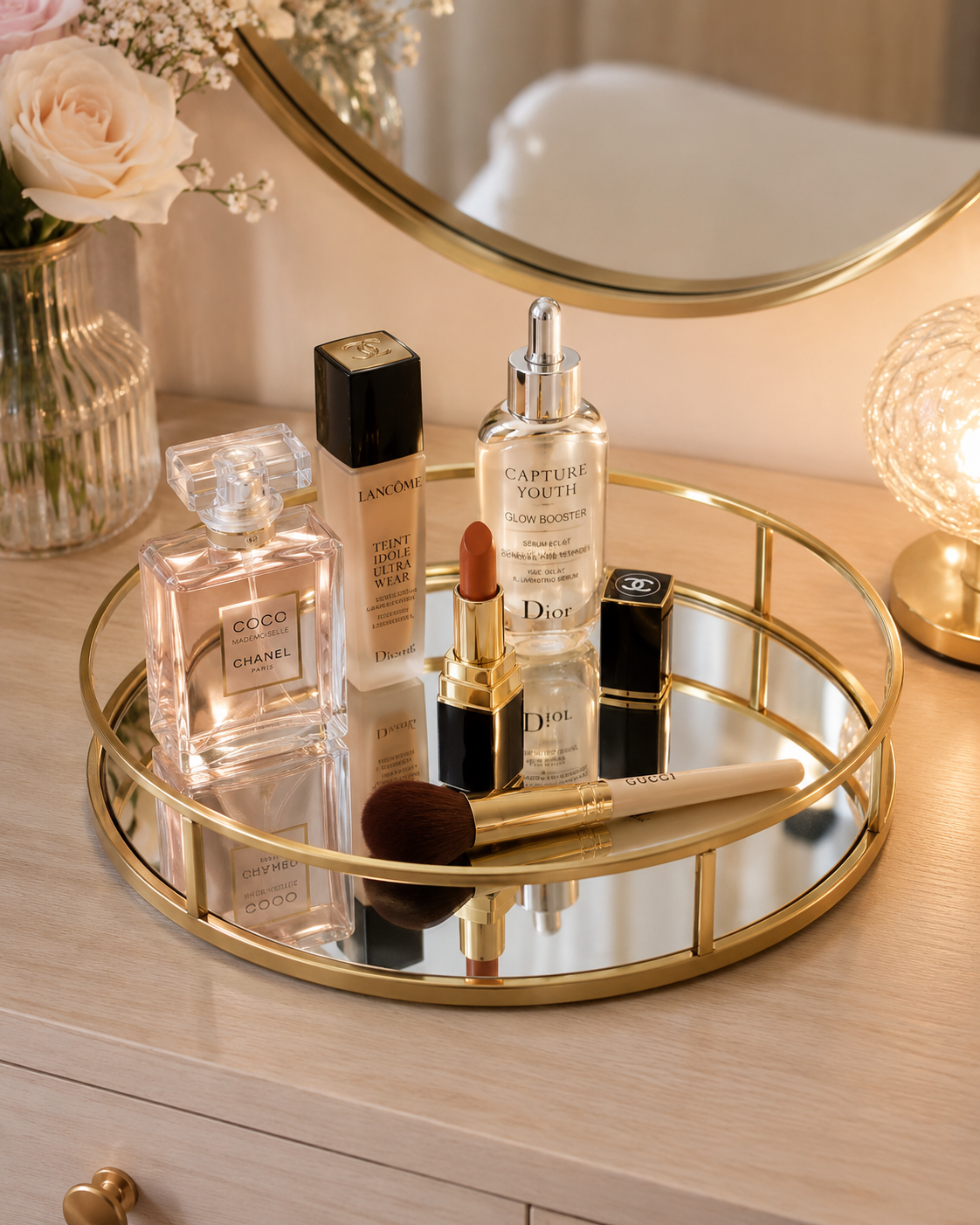 Luxury Gold Round Mirror Tray – Cosmetic & Perfume Organizer