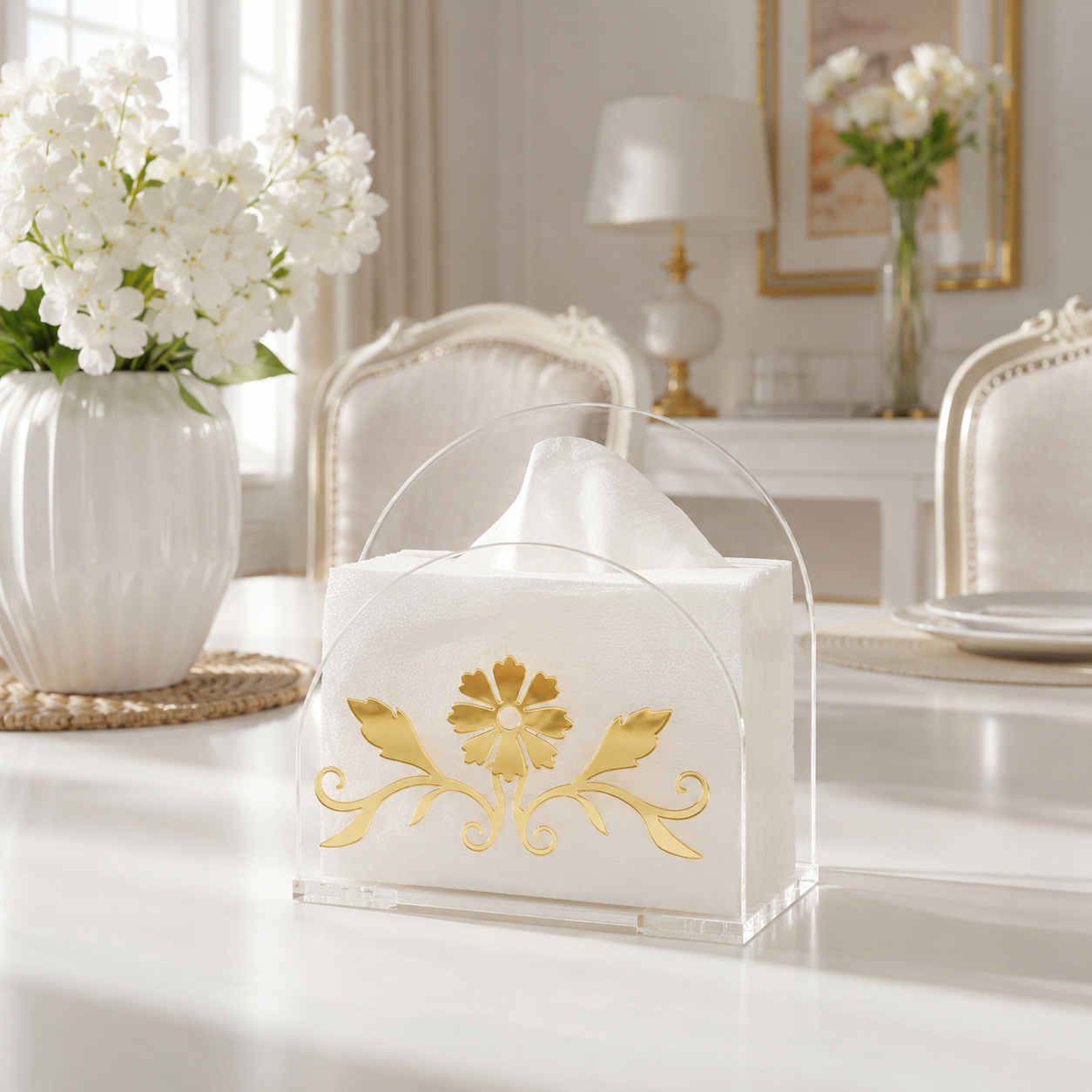 Luxury Golden Floral Acrylic Tissue Organizer