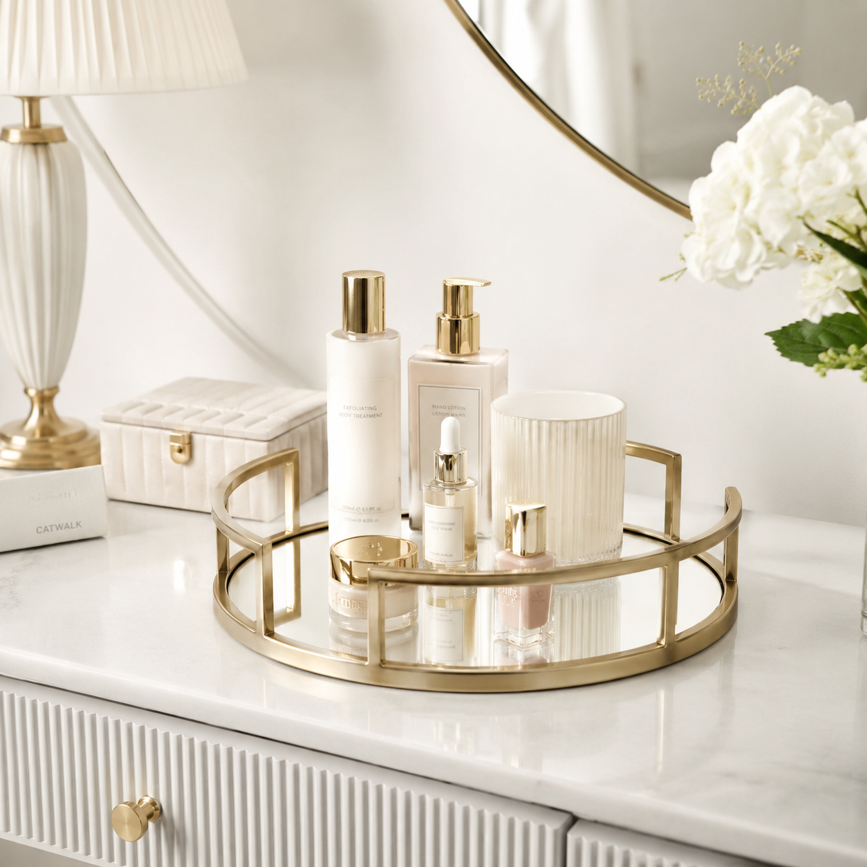 Luxury Gold Round Mirror Cosmetic Organizer Tray